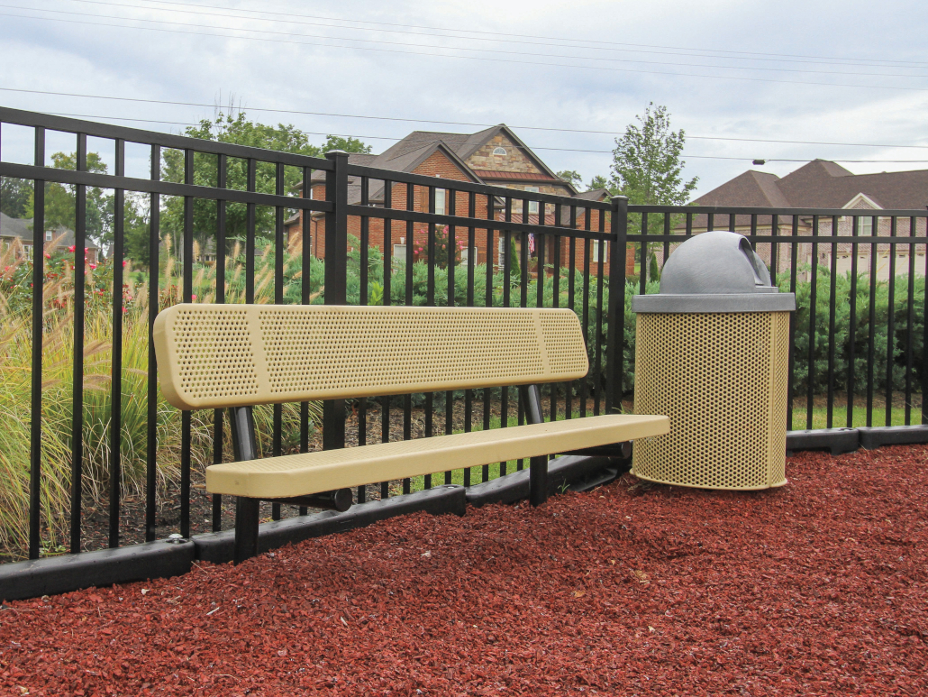 Commercial Trash Can beside bench